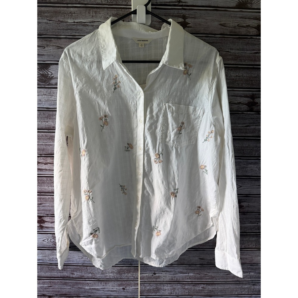Lucky Brand Women's Long-Sleeved Button-Down Top Size S White Embroidered